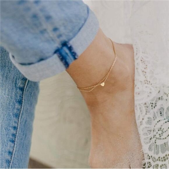 Ankle Bracelets for Women, 14K Gold Plated Dainty Layered Heart Initial Anklets - Picture 4 of 7